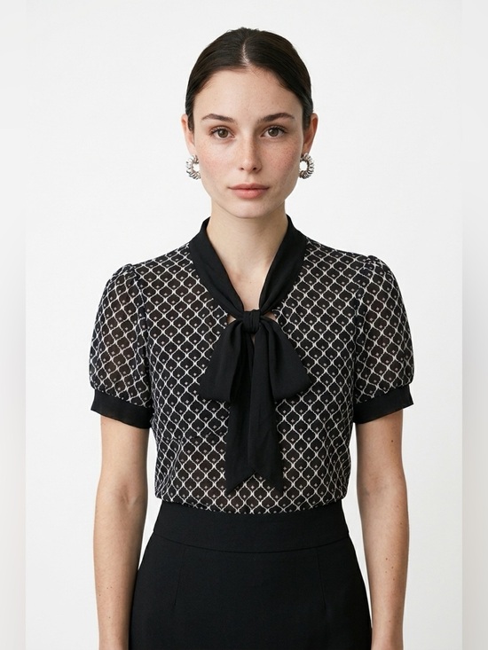 Tops - Mesh Tie-Neck Short Sleeve top